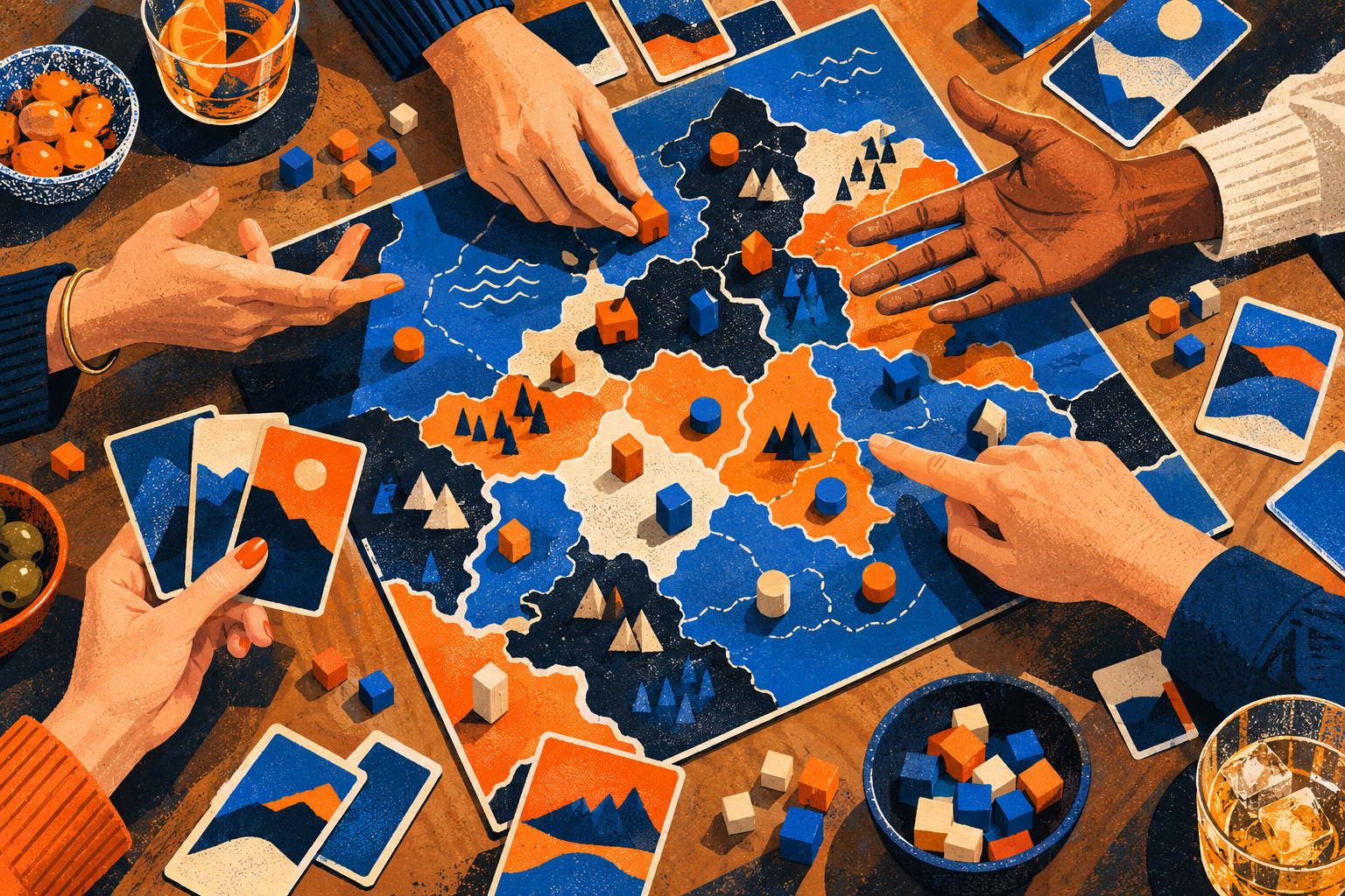 Ilustración de una partida de estrategia con cartas, fichas y manos alrededor de la mesa